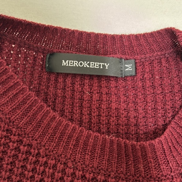 MEROKEETY  WOMENS CREW NECK WAFFLE KNIT PULLOVER TOP WINE Sz MD - Picture 7 of 11
